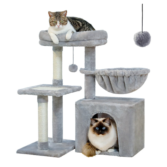 Grey Multi-Style Cat Tree Tower with Hammock & Sisal Posts
