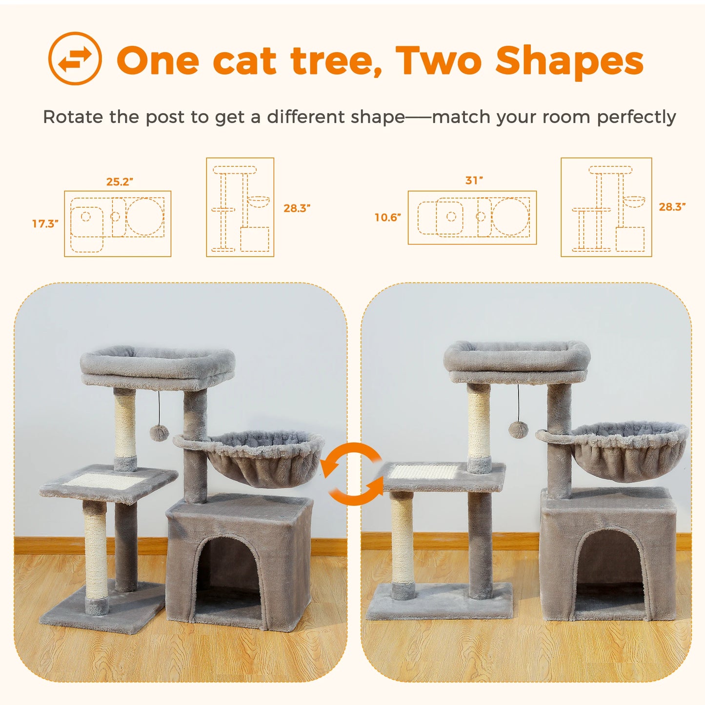 Grey Multi-Style Cat Tree Tower with Hammock & Sisal Posts