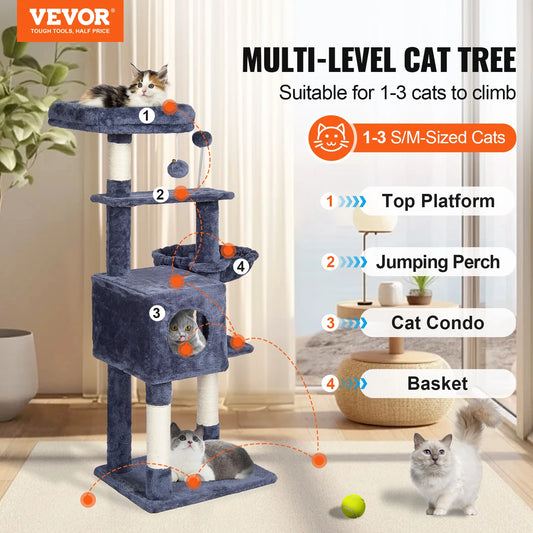 Dark Grey Multi-Level Cat Tree with Condo, Hammock & Sisal Posts